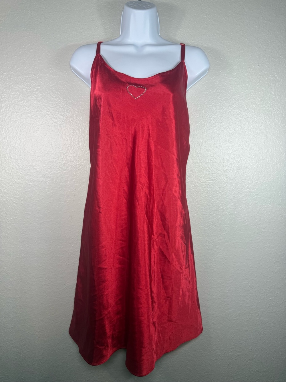 Vintage Valerie Stevens red satin slip nightgown Size L rhinestone heart chemise